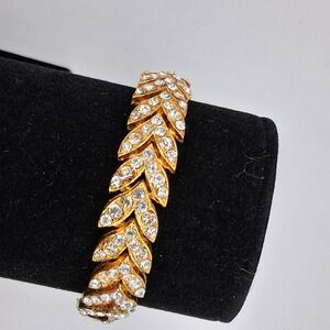 Vintage Rhinestone Leaf Bracelet Gold Tone Chevron Link Safety Chain Mid Century